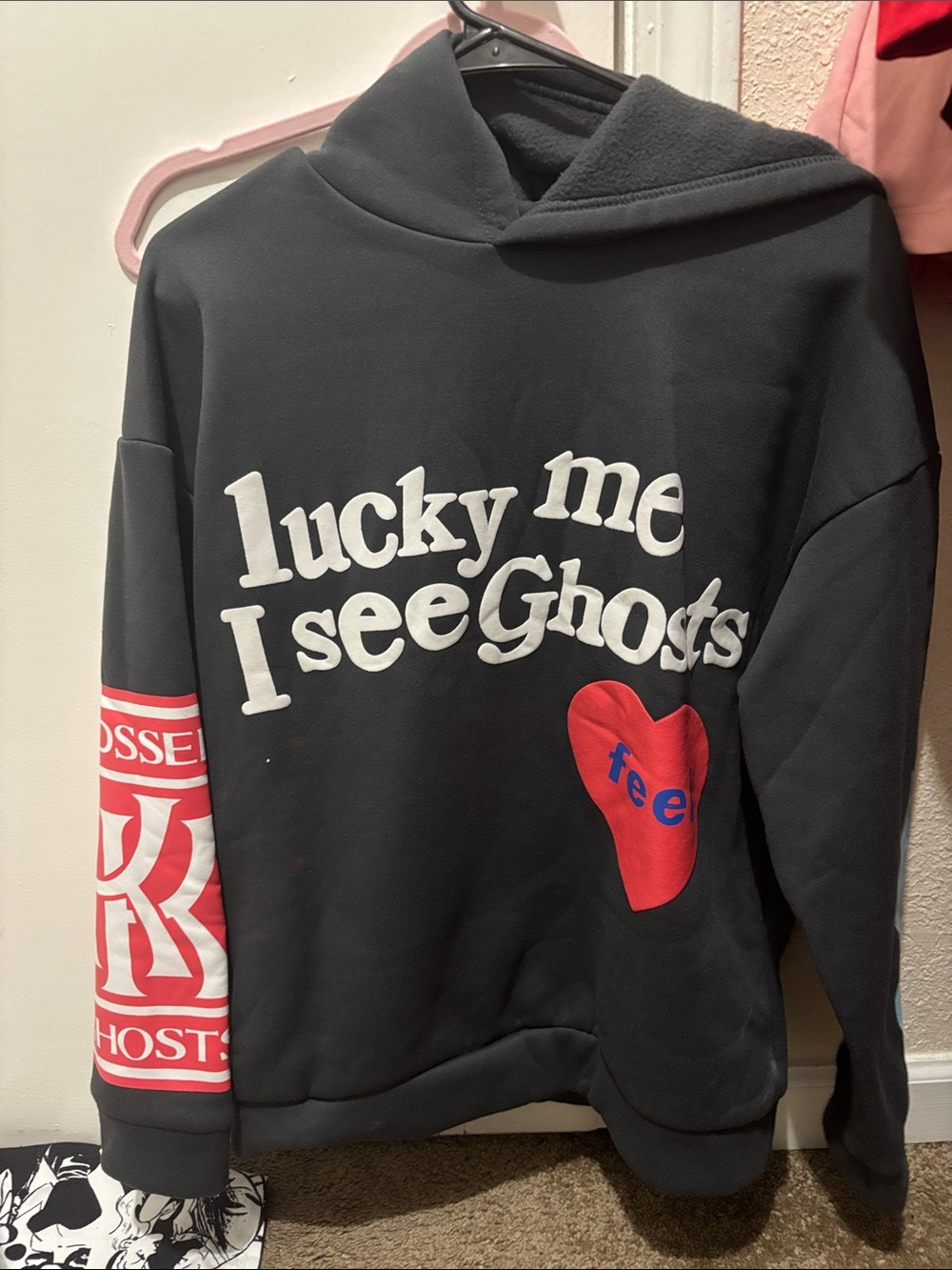 Black 'Lucky Me I See Ghosts' Graphic Hoodie with Red Heart